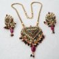 INDIAN GOLD FINISH RUBY EMERALD PEARL POLKI BRIDAL PENDANT NECKLACE SET F348