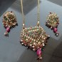 INDIAN GOLD FINISH RUBY EMERALD PEARL POLKI BRIDAL PENDANT NECKLACE SET F348