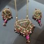 INDIAN GOLD FINISH RUBY EMERALD PEARL POLKI BRIDAL PENDANT NECKLACE SET F348