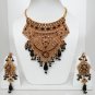 JODHA AKABAR GOLD FINISH CZ ONYX CHOKER HEAVY BRIDAL NECKLACE EARRING SET YA3