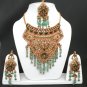 JODHA AKABAR GOLD FINISH CZ EMERALD CHOKER HEAVY BRIDAL NECKLACE EARRING SET YA5