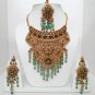 JODHA AKABAR GOLD FINISH CZ EMERALD CHOKER HEAVY BRIDAL NECKLACE EARRING SET YA5