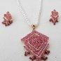PREMIUM STUDIO DESIGNER GOLDTONE RUBY PEARL WEDDING 3PC PENDANT NECKLACE SET R66