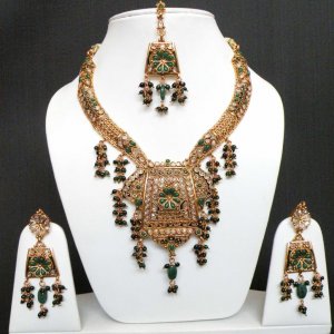 4PC NEW DESIGNER GOLD FINISH CZ GEMSTONE POLKI JEWELRY BRIDAL NECKLACE SET YA20