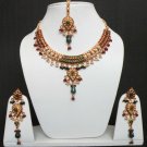 CUTE GOLD FINISH SEMIPRECIOUS RUBY EMERALD PEARL POLKI BRIDAL NECKLACE SET FQ42