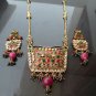 PREMIUM INDIAN DESIGNER GOLDTONE CZ MEENA POLKI BRIDAL PENDANT NECKLACE SET F351