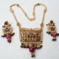 PREMIUM INDIAN DESIGNER GOLDTONE CZ MEENA POLKI BRIDAL PENDANT NECKLACE SET F351