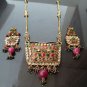 PREMIUM INDIAN DESIGNER GOLDTONE CZ MEENA POLKI BRIDAL PENDANT NECKLACE SET F351