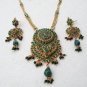 PREMIUM INDIAN DESIGNER GOLDTONE EMERALD POLKI BRIDAL PENDANT NECKLACE SET F343