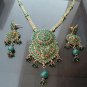 PREMIUM INDIAN DESIGNER GOLDTONE EMERALD POLKI BRIDAL PENDANT NECKLACE SET F343