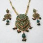 PREMIUM INDIAN DESIGNER GOLDTONE EMERALD POLKI BRIDAL PENDANT NECKLACE SET F343