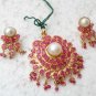 PREMIUM STUDIO DESIGNER GOLDTONE RUBY PEARL WEDDING 3PC PENDANT NECKLACE SET R76