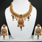 GENUINE INDIAN GOLDTONE SEMIPRECIOUS STONE CZ BRIDAL POLKI NECKLACE SET 4PC FQ19