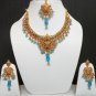 GENUINE INDIAN GOLDTONE SEMIPRECIOUS STONE CZ BRIDAL POLKI NECKLACE SET 4PC FQ39