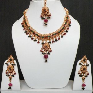 ELEGANT INDIA GOLDTONE SEMIPRECIOUS RUBY~EMERALD POLKI WEDDING NECKLACE SET FQ41