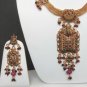 GENUINE GOLDTONE SEMIPRECIOUS STONE BRIDAL HEAVY POLKI PENDANT NECKLACE SET FQ25