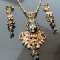 PREMIUM INDIAN DESIGNER GOLDTONE CZ MEENA POLKI BRIDAL PENDANT NECKLACE SET F367