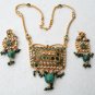 PREMIUM INDIAN DESIGNER GOLDTONE CZ MEENA POLKI BRIDAL PENDANT NECKLACE SET F352