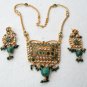 PREMIUM INDIAN DESIGNER GOLDTONE CZ MEENA POLKI BRIDAL PENDANT NECKLACE SET F352