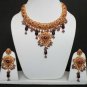 GENUINE INDIAN GOLDTONE SEMIPRECIOUS STONE CZ BRIDAL POLKI NECKLACE SET 3PC FQ38
