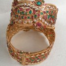INDIAN GOLD FINISH SCREW PIN LOCK RUBY EMERALD BANGLE BRACELET 2PC 2.8 DX3