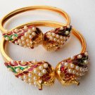 INDIAN POLKI DESIGNER GOLD FINISH PEACOCK PEARL MEENA BANGLE BRACELET PAIR DJ162