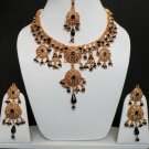 GENUINE INDIAN GOLD FINISH SEMIPRECIOUS ONYX CZ BRIDAL POLKI NECKLACE SET FQ15