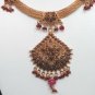 SUPERB! INDIAN GOLDTONE SEMIPRECIOUS STONE RUBY BRIDAL POLKI NECKLACE SET FQ23