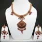 SUPERB! INDIAN GOLDTONE SEMIPRECIOUS STONE RUBY BRIDAL POLKI NECKLACE SET FQ23