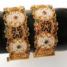 VERY BEAUTIFUL INDIAN GOLD FINISH POLKI PEARL RUBY BANGLE KADA BRACELET 2P DJ151