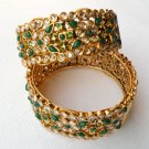 GENUINE INDIAN POLKI GOLD FINISH CZ EMERALD BRIDAL BANGLE BRACELET 2.4 2PC DJ160