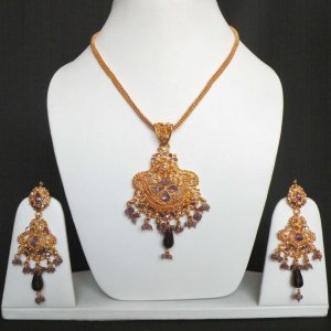 BOLLYWOOD DESIGNER INDIAN GOLD FINISH CZ POLKI BRIDAL PENDANT NECKLACE SET F331