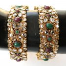 GENUINE INDIAN GOLD POLKI SEMIPRECIOUS EMERALD RUBY BANGLE BRACELET 2.4 2P DJ155