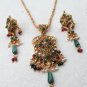 PREMIUM INDIAN GOLDTONE PEARL RUBY MEENA POLKI BRIDAL PENDANT NECKLACE SET F371