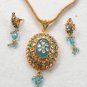 PREMIUM GOLDTONE CZ TURQUOISE POLKI BRIDAL JEWELRY PENDANT NECKLACE SET F107