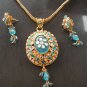 PREMIUM GOLDTONE CZ TURQUOISE POLKI BRIDAL JEWELRY PENDANT NECKLACE SET F107