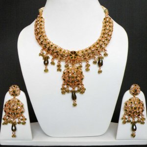 GENUINE INDIAN GOLDTONE SEMIPRECIOUS STONE CZ BRIDAL POLKI NECKLACE SET 3PC FQ29