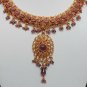 GENUINE INDIAN GOLDTONE SEMIPRECIOUS STONE CZ BRIDAL POLKI NECKLACE SET 3PC FQ27