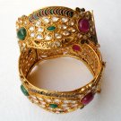 GENUINE INDIAN POLKI GOLD FINISH CZ EMERALD RUBY 2PC BANGLES BRACELET 2.4 DJ158
