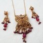 PREMIUM INDIAN DESIGNER GOLDTONE CZ RUBY POLKI BRIDAL PENDANT NECKLACE SET F365