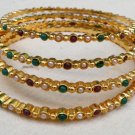 BEAUTIFUL INDIAN POLKI GOLD FINISH PEARL RUBY EMERALD BRIDAL BANGLE 4PC 2.8 155