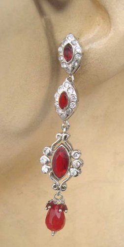 2 PC SILVER PLATED INDIAN FASHION VICTORIAN JEWELRY AMERICAN AD RUBY EARRINGS