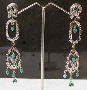 ANTIQUE SILVER TONE VICTORIAN DESIGNER JEWELRY AMERICAN AD EMERALD EARRINGS 185