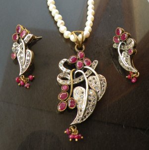 Antique Sterling Silver Style Gemstone Pendant Set with earring SIG57R