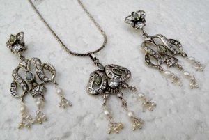 3 PC SILVER PLATED INDIAN VICTORIAN JEWELRY PEARL AD CHAIN PENDANT NECKLACE SET