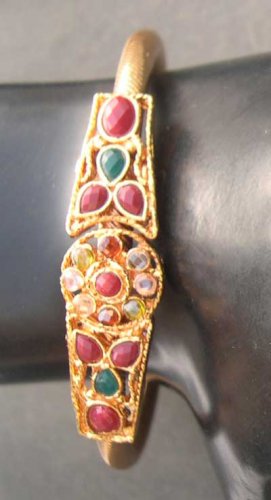 2PC INDIAN GOLD FINISH SIMULATED RUBY EMERALD BANGLE BRACELET 2.6" OPENABLE