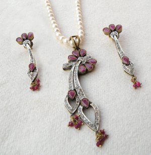 Antique Sterling Silver Style Gemstone Pendant Set with earring SIG53R