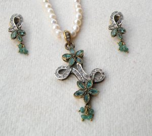 Antique Sterling Silver Style Gemstone Pendant Set with earring SIG48E