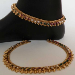 INDIAN POLKI GOLD PL PEARL GEMSTONE BRIDAL ANKLET PAYAL