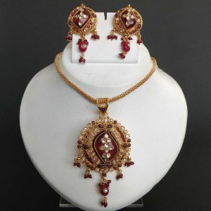 Bollywood Indian Fashion Ruby Kundan Polki Gold Plated Pendant Jewelry Set h55
